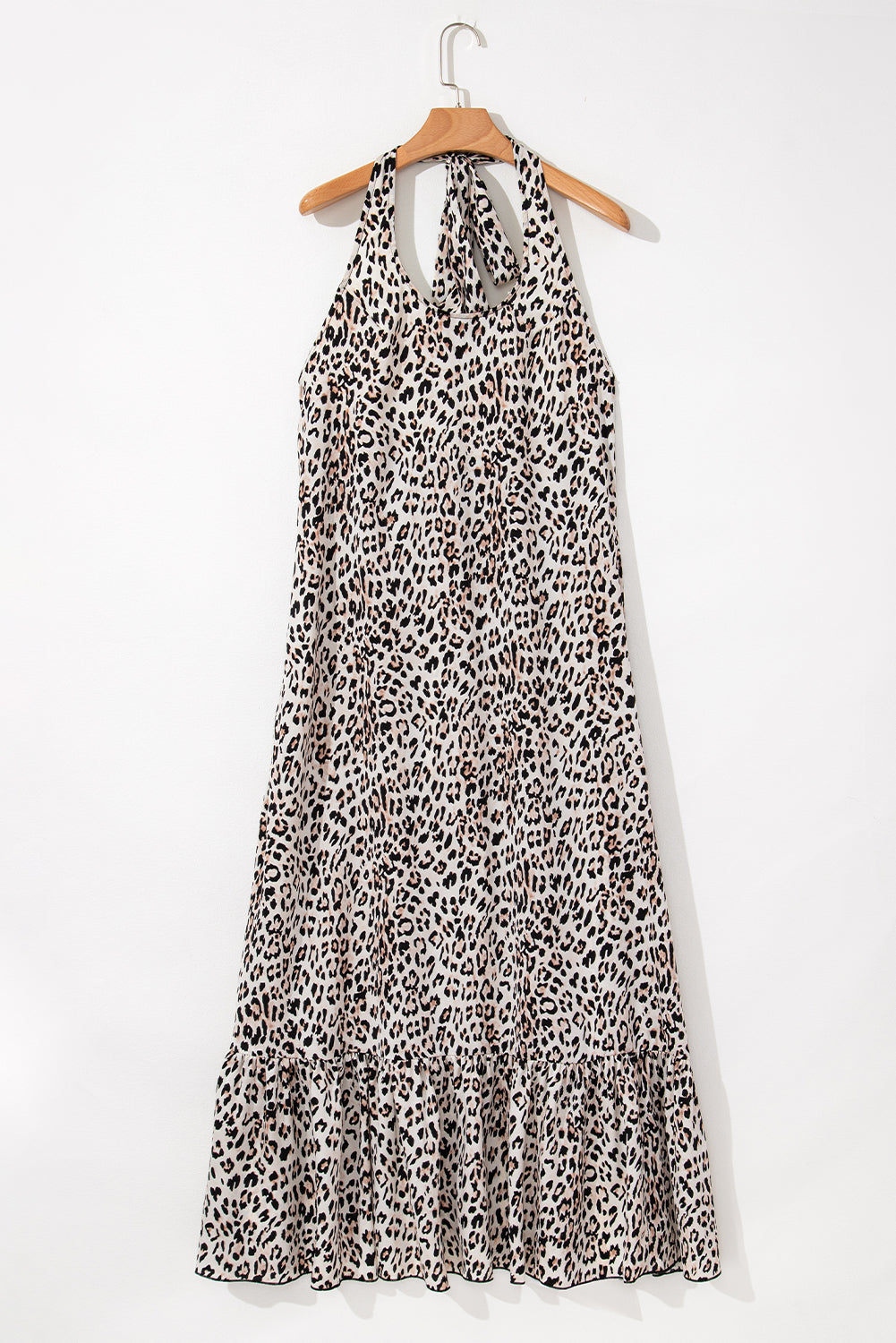 Brown Leopard Printed Halter Neck Backless Ruffled Hem Long Dress Maxi Dresses JT's Designer Fashion