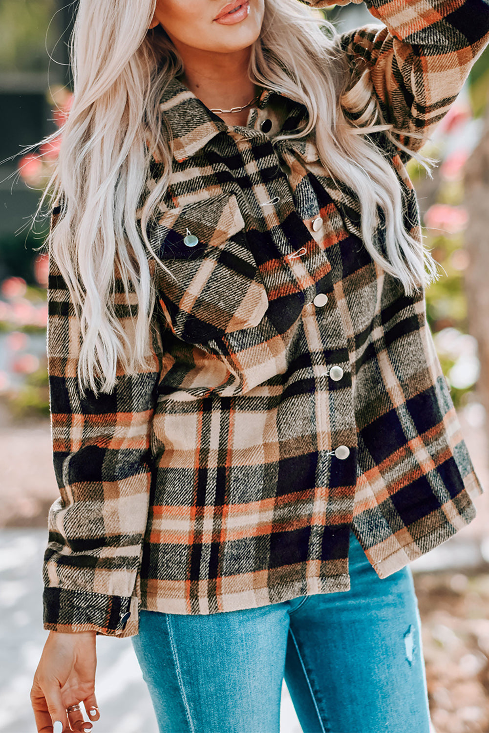 Orange Geometric Plaid Print Pocketed Shacket Orange orange Plaid Shackets JT's Designer Fashion