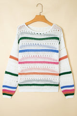 White Color Block Striped Pointelle Knit Sweater Sweaters JT's Designer Fashion