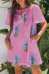 Rose Floral Short Sleeve Split Neck Loose Mini Dress Floral Dresses JT's Designer Fashion