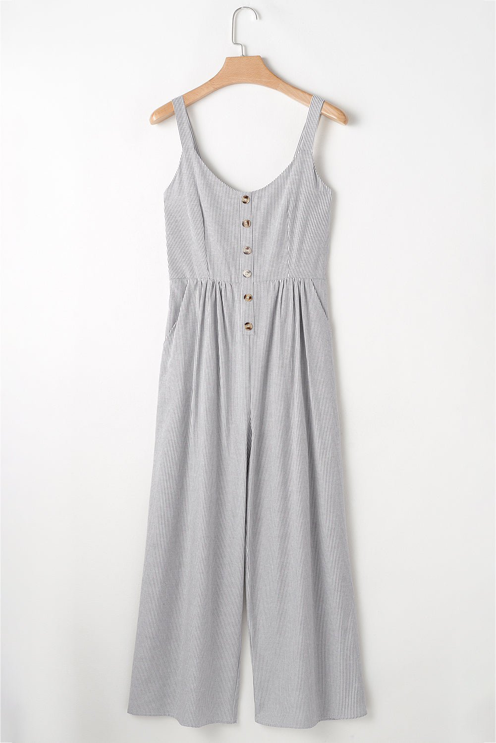 Black Stripe Half Buttoned Sleeveless Wide Leg Jumpsuit Jumpsuits & Rompers JT's Designer Fashion