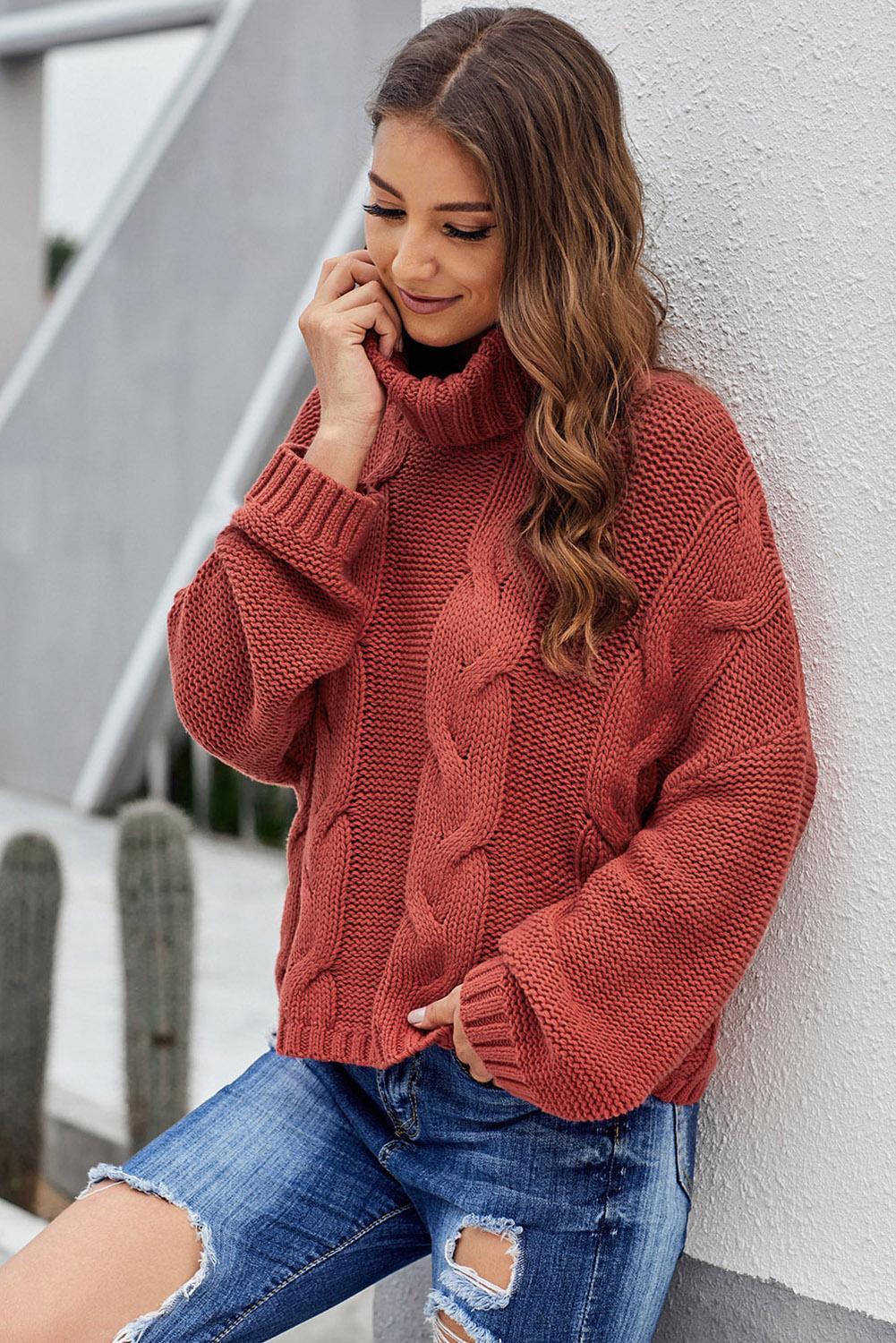 Fiery Red Cuddle Weather Cable Knit Handmade Turtleneck Sweater Sweaters JT's Designer Fashion