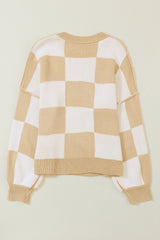 Khaki Checkered Bishop Sleeve Sweater Sweaters & Cardigans JT's Designer Fashion