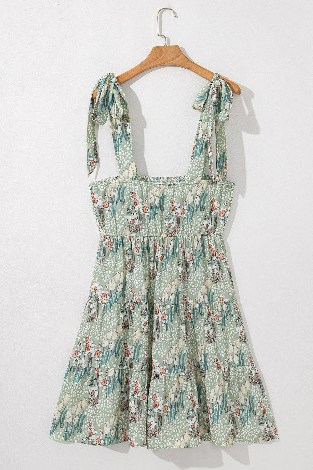 Gray Floral Knotted Strap Smocked Tiered Ruffle Mini Dress Floral Dresses JT's Designer Fashion