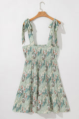 Gray Floral Knotted Strap Smocked Tiered Ruffle Mini Dress Floral Dresses JT's Designer Fashion