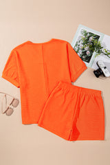 Orange Textured V Neck T Shirt and Shorts Set Short Sets JT's Designer Fashion