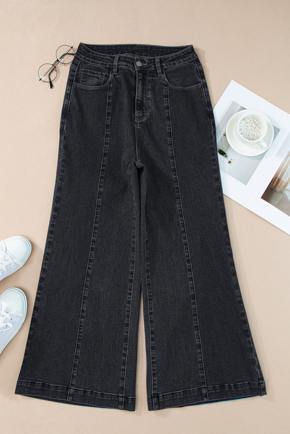 Black Plain Seam Detail Flared Bottom Ankle Length Jeans Jeans JT's Designer Fashion