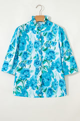 Green Floral Frilled Collar Three Quarters Sleeve Elegant Shirt Blouses & Shirts JT's Designer Fashion