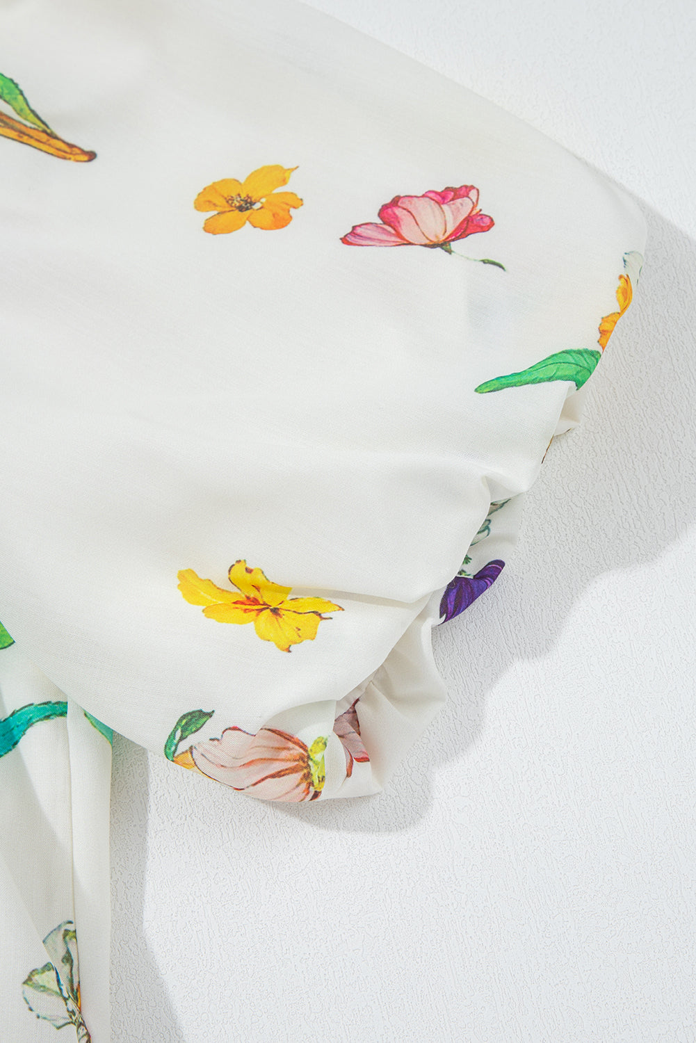White Floral Print Contrast Striped Patchwork Short Puff Sleeve Dress Floral Dresses JT's Designer Fashion