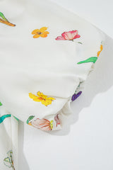 White Floral Print Contrast Striped Patchwork Short Puff Sleeve Dress Floral Dresses JT's Designer Fashion