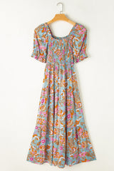 Yellow Smocked Bodice High Waist Puff Sleeve Floral Dress Floral Dresses JT's Designer Fashion