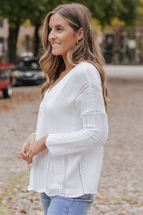 White Hollowed Detail Knitted Loose V Neck Sweater Sweaters & Cardigans JT's Designer Fashion