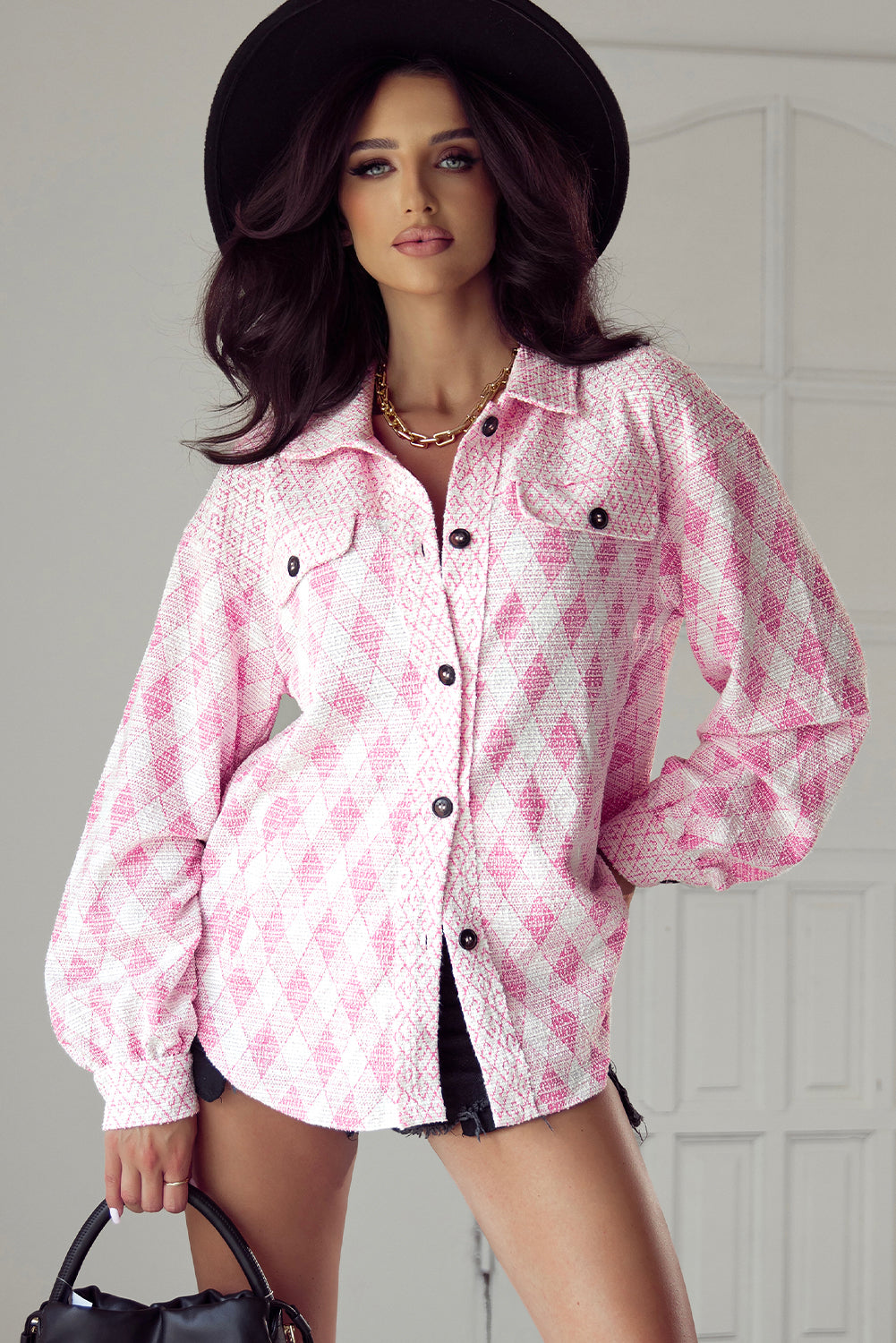 Delicacy Geometric Print Textured Flap Detail Shacket with Pocket Jackets JT's Designer Fashion