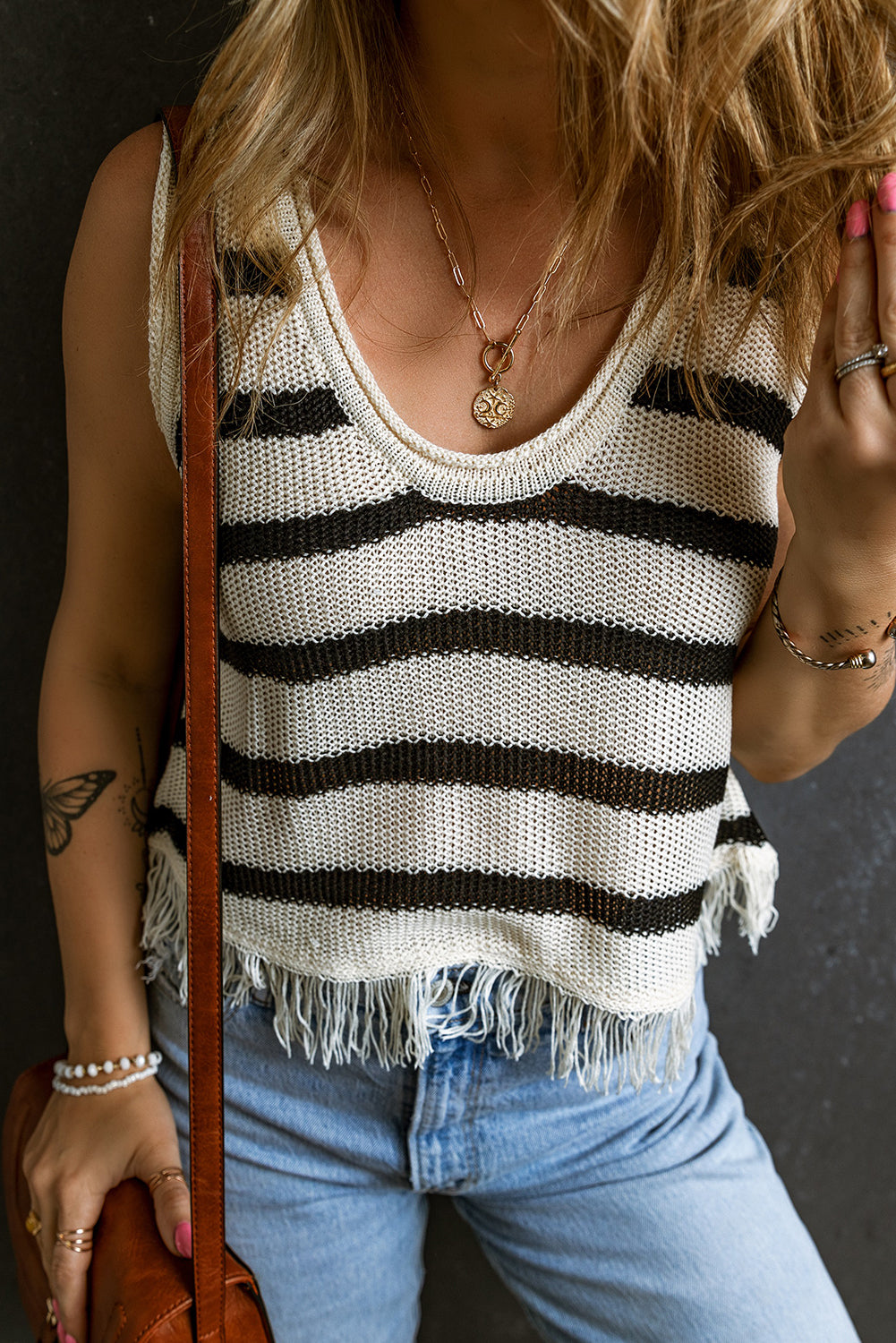 Beige Stripe U Neck Fringed Hem Knit Vest Sweaters & Cardigans JT's Designer Fashion