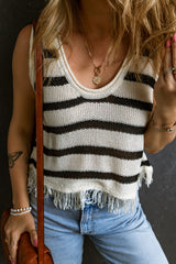 Beige Stripe U Neck Fringed Hem Knit Vest Sweaters & Cardigans JT's Designer Fashion