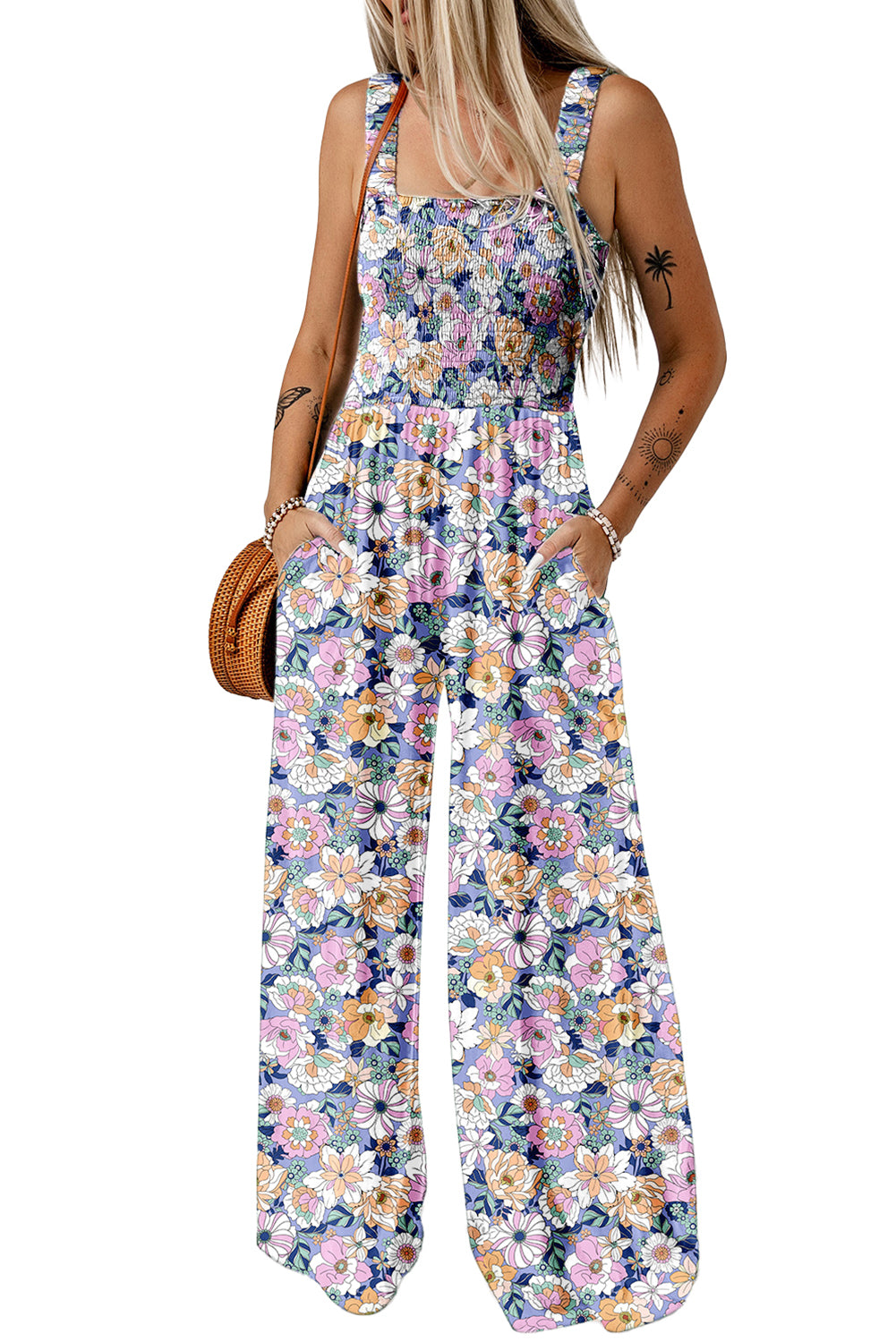 Purple Floral Print Smocked High Waist Square Neck Jumpsuit Dresses JT's Designer Fashion