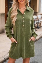 Moss Green Corded Buttons Placket Drop Shoulder Collared Shift Dress Mini Dresses JT's Designer Fashion