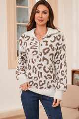 Gray Animal Print Zipped Collared Sweater Sweaters JT's Designer Fashion