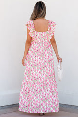 Pink Floral Print Square Neck Ruffled Strap Maxi Dress Floral Dresses JT's Designer Fashion