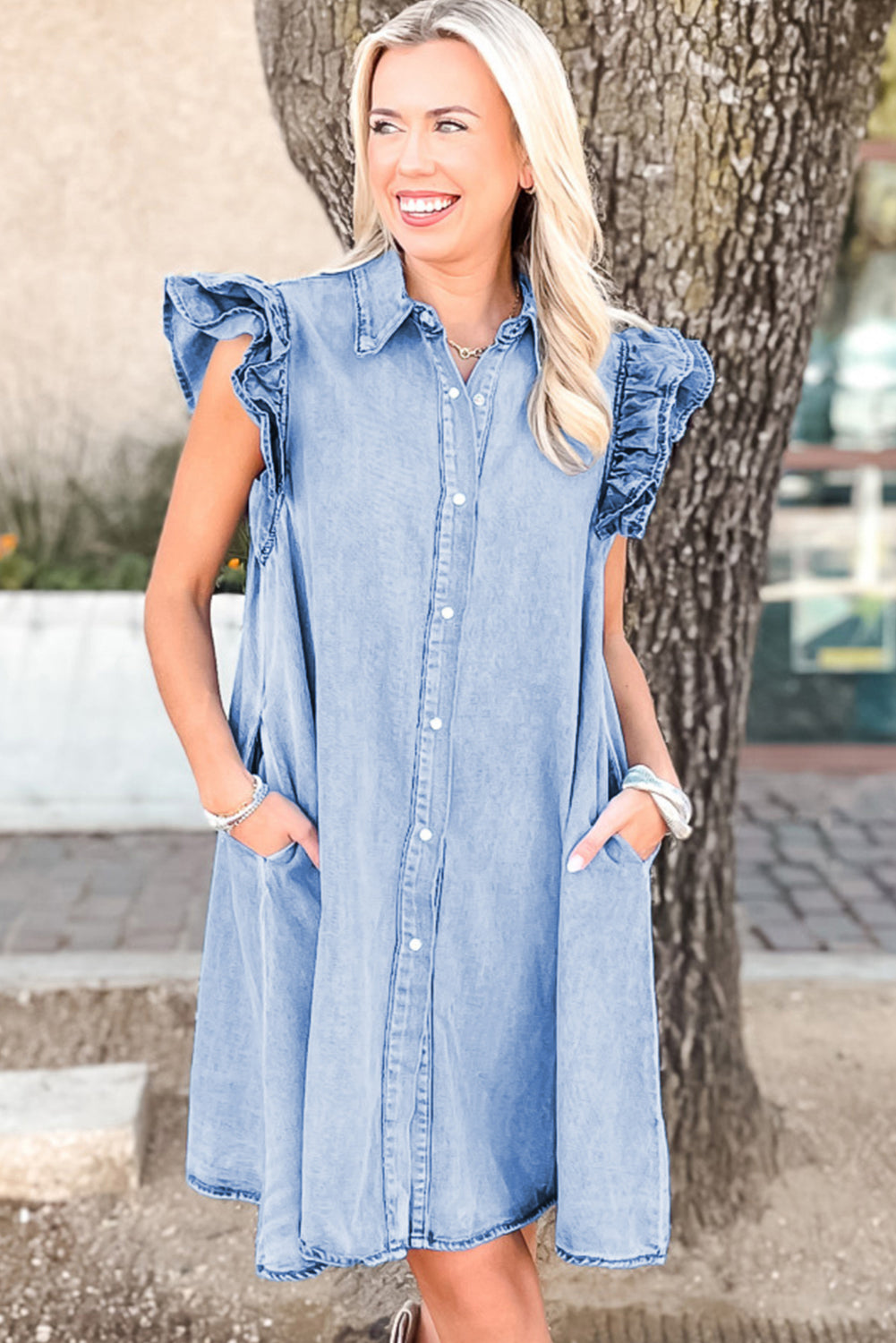Beau Blue Double Ruffled Sleeves Buttoned A-line Collared Mini Denim Dress Dresses JT's Designer Fashion
