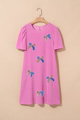 Bright Pink Flag Pattern Inspired Sequin Bow Spiral Ribbed Puff Sleeve T Shirt Dress Graphic Dresses JT's Designer Fashion