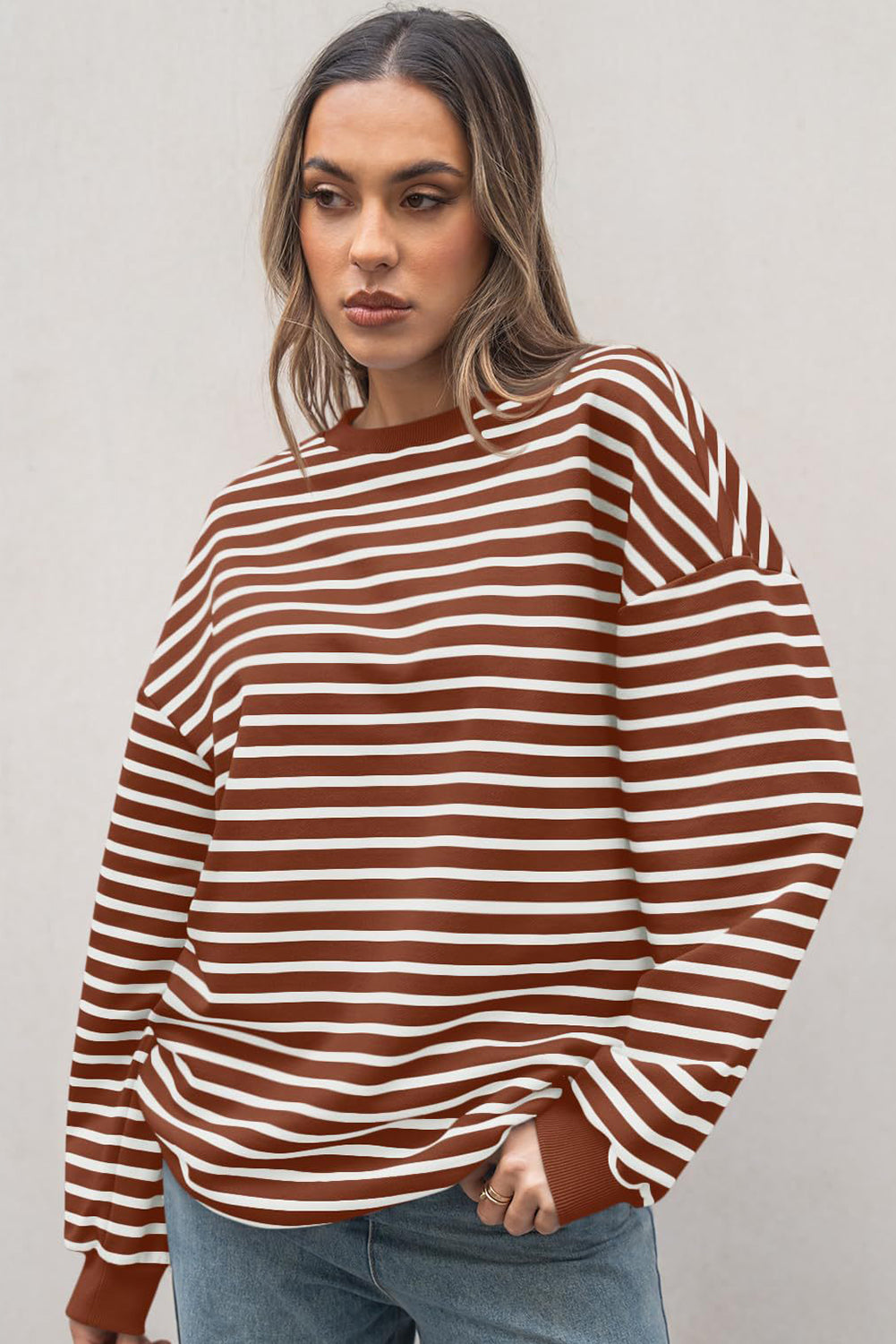 Coffee Striped Long Sleeve Round Neck Loose Top Long Sleeve Tops JT's Designer Fashion
