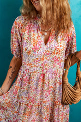 Red Floral Puff Sleeve Notched V Neck Tiered Mini Dress Floral Dresses JT's Designer Fashion
