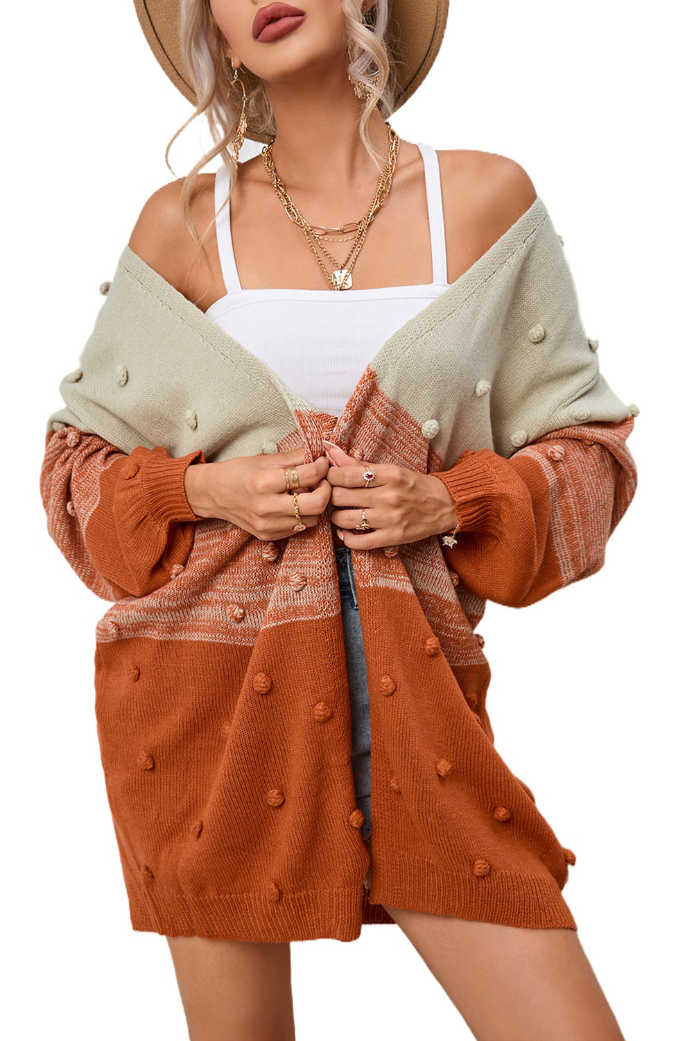 Brown Pompom Color Block Open Front Cardigan Sweaters & Cardigans JT's Designer Fashion