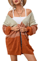 Brown Pompom Color Block Open Front Cardigan Sweaters & Cardigans JT's Designer Fashion