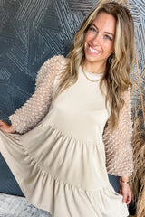 Beige Embellished Puff Sleeve Tiered A-line Dress Mini Dresses JT's Designer Fashion