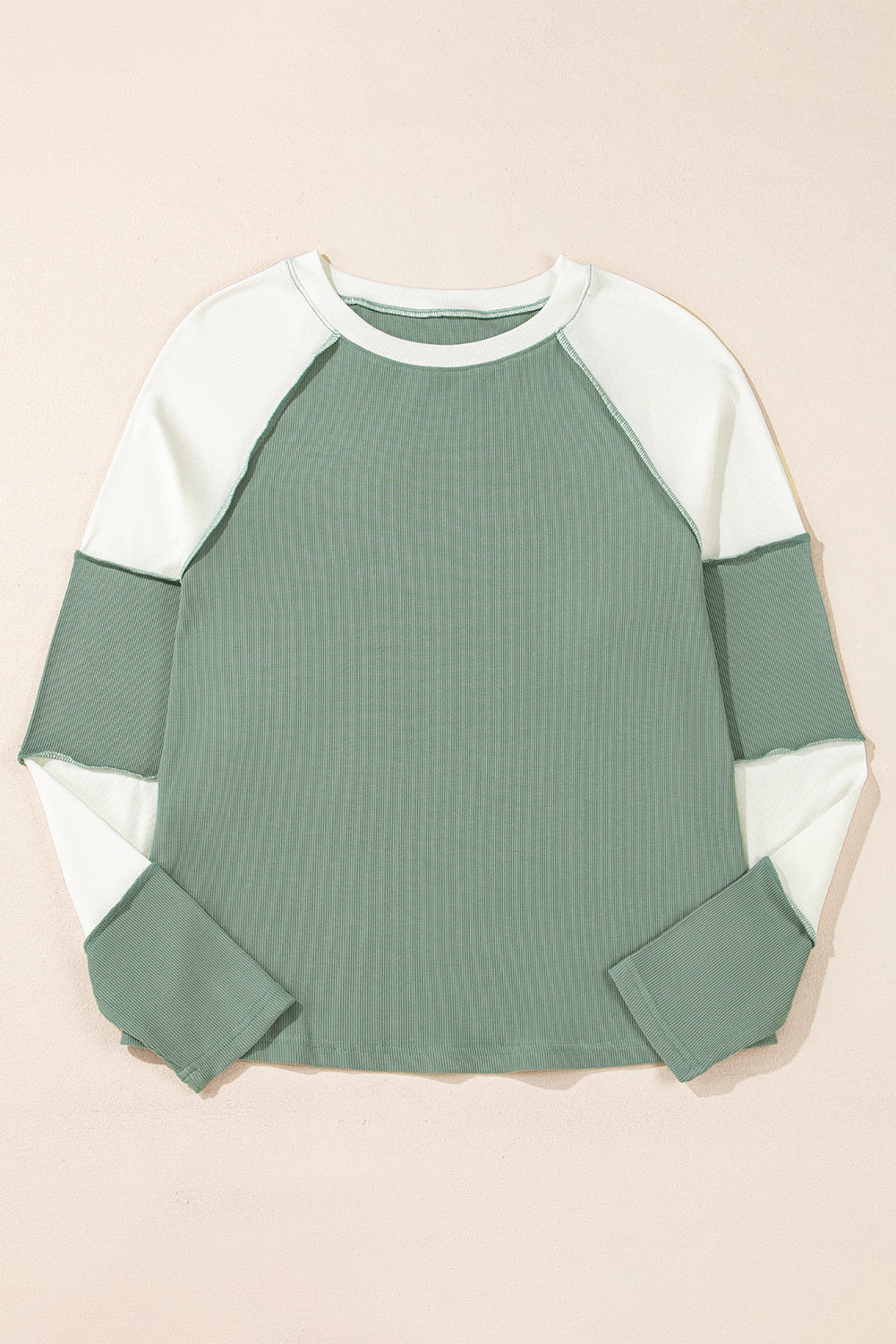 Mint Green Ribbed Colorblock Patchwork Raglan Long Sleeve Top Long Sleeve Tops JT's Designer Fashion