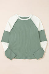 Mint Green Ribbed Colorblock Patchwork Raglan Long Sleeve Top Long Sleeve Tops JT's Designer Fashion