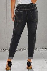 Black Gather Round Distressed Pocketed Denim Jogger Jeans JT's Designer Fashion