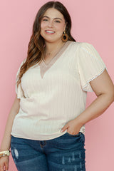 Beige Contrast Embroidered V Neck Wrap Sleeve Textured Plus Blouse Plus Size JT's Designer Fashion