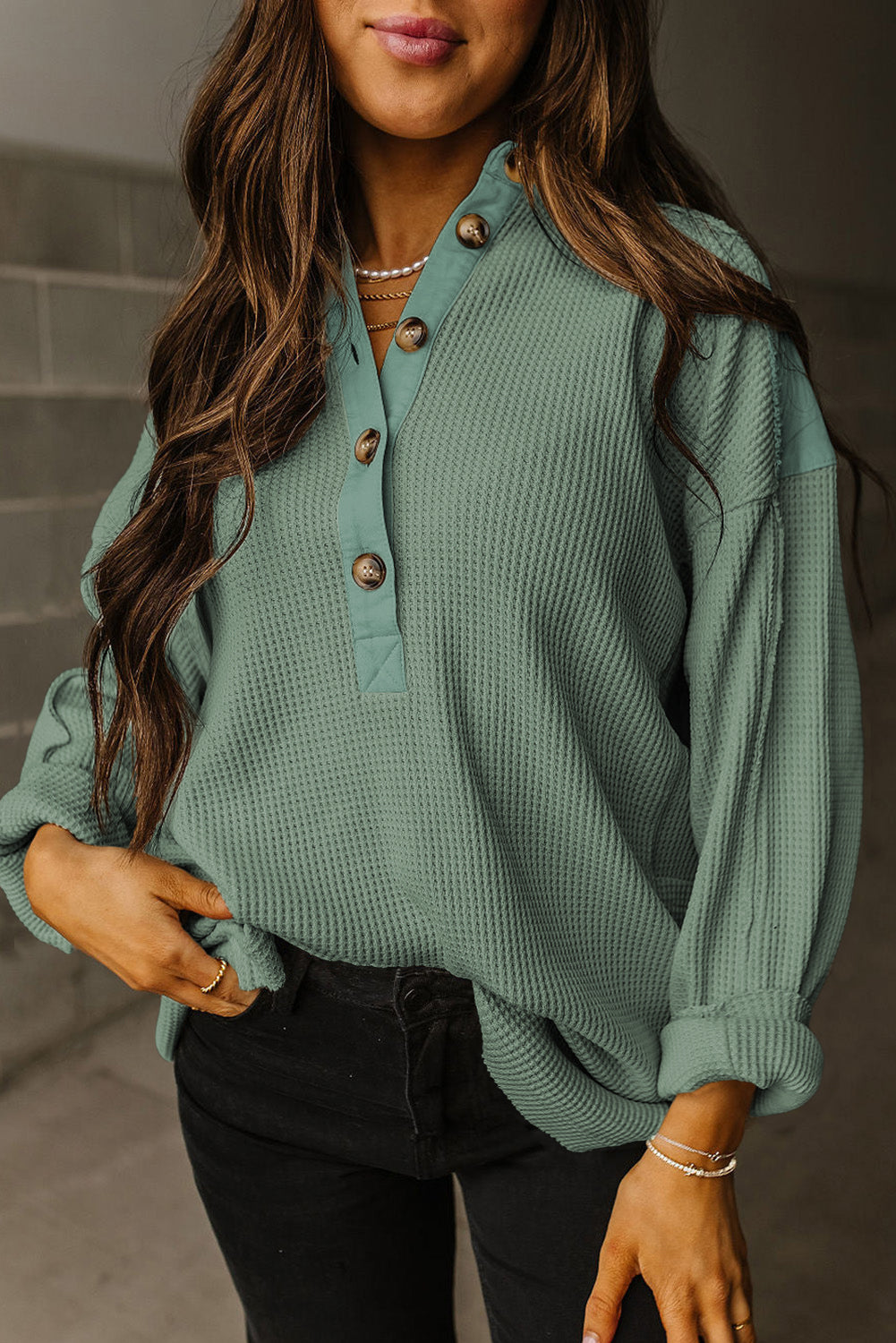 Smoke Green Waffle Long Sleeve Collar Half Button Loose Top Long Sleeve Tops JT's Designer Fashion