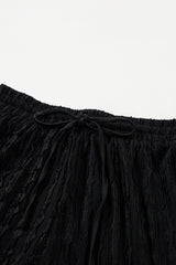 Black Frill Textured Short Sleeve Top and Drawstring Shorts Set Short Sets JT's Designer Fashion
