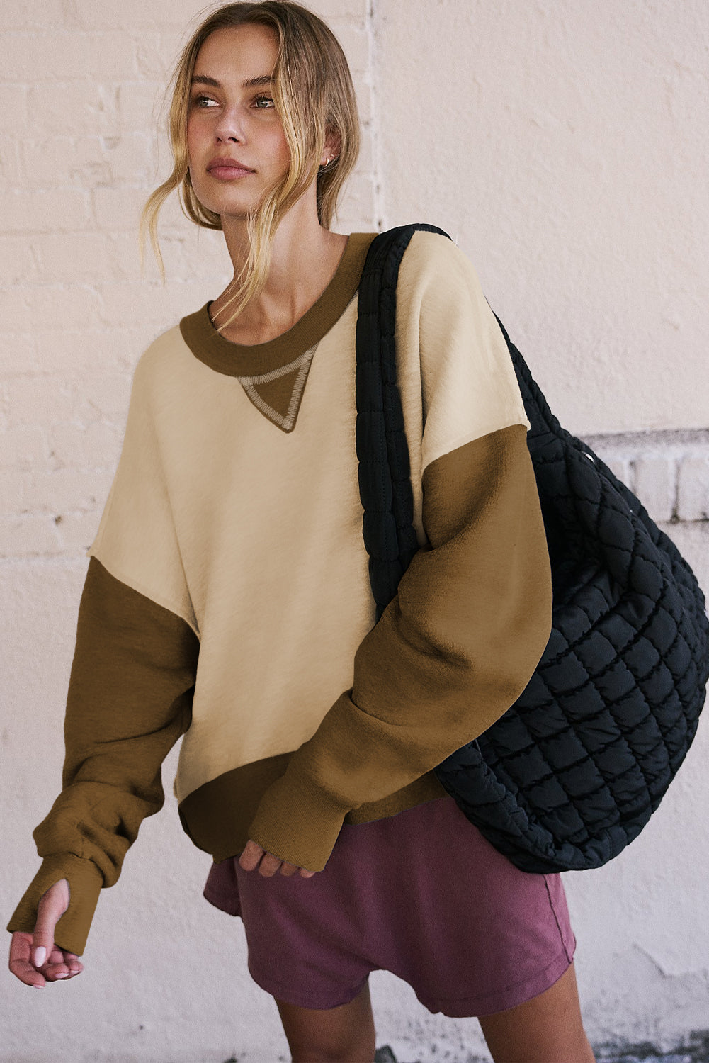 Apricot Color Block Thumbhole Sleeve Drop Shoulder Sweatshirt Sweatshirts & Hoodies JT's Designer Fashion