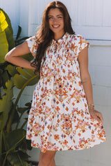 Apricot Floral Geometric Print Ruffled Trim Flutter Sleeve Mini Dress Floral Dresses JT's Designer Fashion