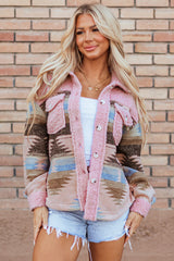 Pink Western Aztec Print Sherpa Splicing Buttoned Flap Pocket Coat Jackets JT's Designer Fashion
