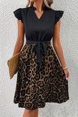Black Flutter Sleeve Bodice Splicing Leopard Print Midi Dress Dresses JT's Designer Fashion