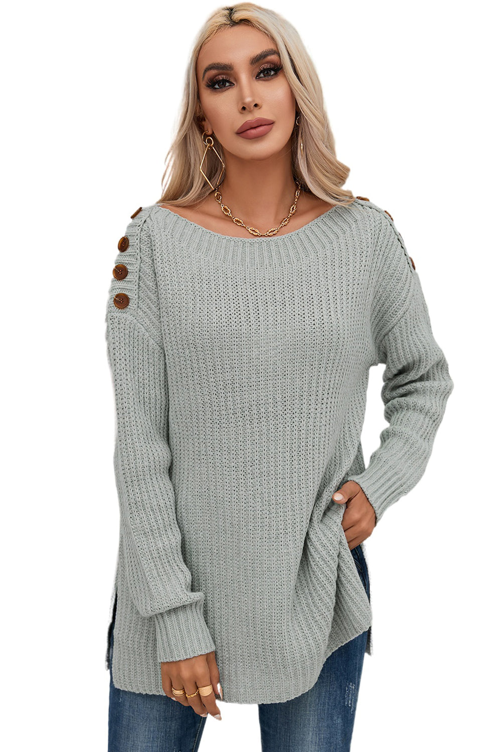 Gray Buttoned Drop Shoulder Oversized Sweater Sweaters & Cardigans JT's Designer Fashion