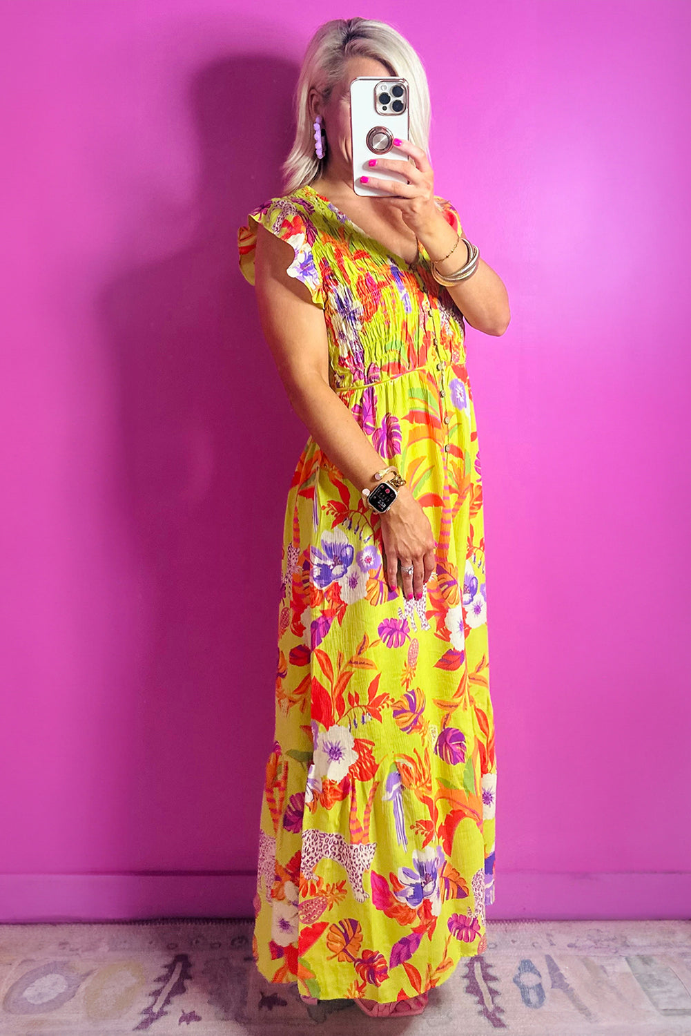 Yellow Cheetah Plant Print Shirred Button V Neck Long Dress Maxi Dresses JT's Designer Fashion