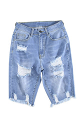 Sky Blue Ripped Tassel Bermuda Denim Shorts Denim Shorts JT's Designer Fashion