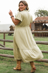 Laurel Green Notched V Neck Puff Sleeve Tiered Plus Size Maxi Dress Plus Size Maxi Dresses JT's Designer Fashion
