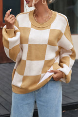 Khaki Checkered Bishop Sleeve Sweater Sweaters & Cardigans JT's Designer Fashion
