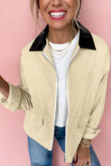 Parchment Contrast Leather Collar Textured Zip Up Jacket Jackets JT's Designer Fashion