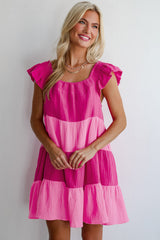 Pink Crinkled Colorblock Patchwork Flutter Tiered Mini Dress Mini Dresses JT's Designer Fashion