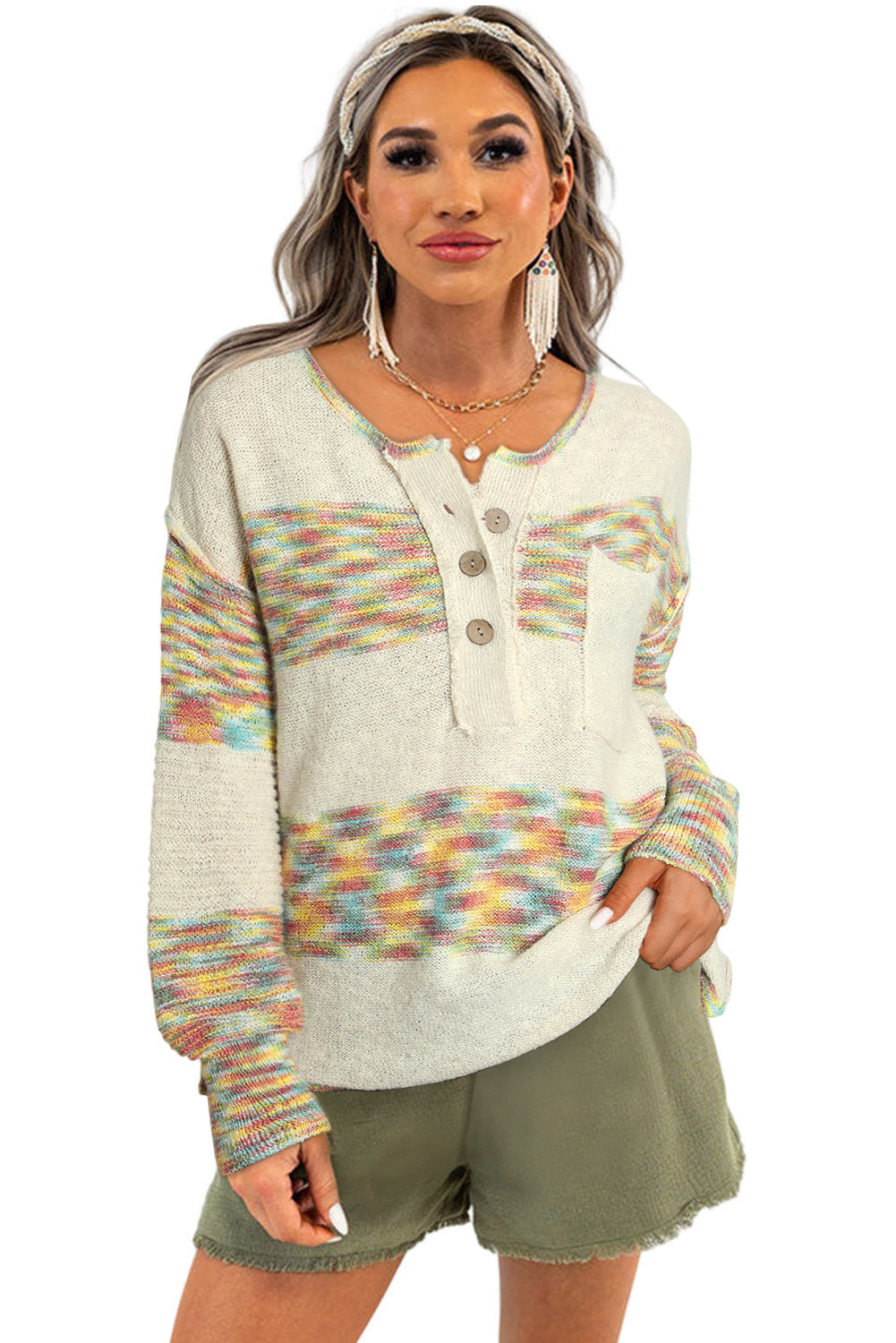 Multicolor Space Dye Henley Knit Sweater Sweaters & Cardigans JT's Designer Fashion