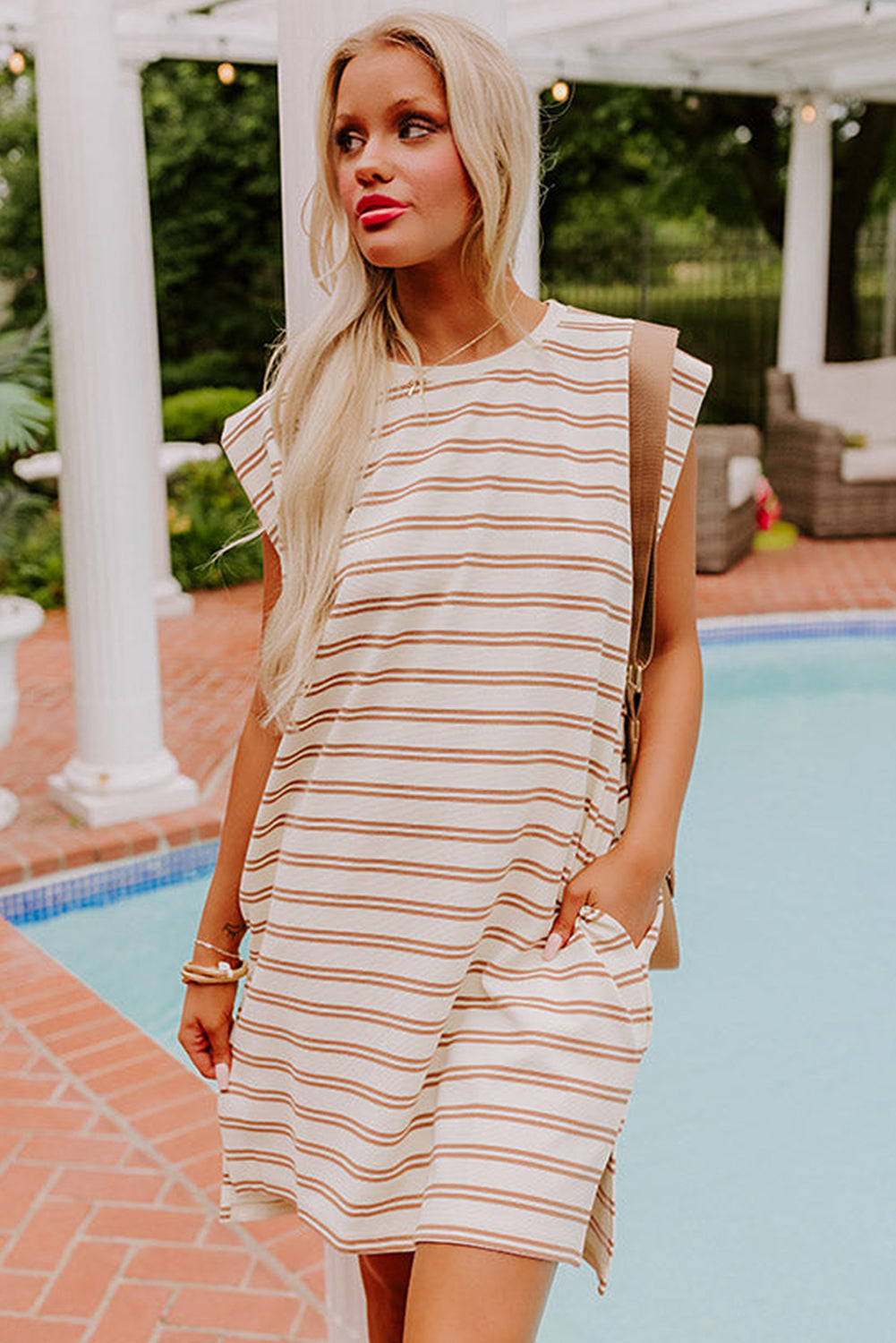 Khaki Stripe Round Neck Sleeveless Casual Pocketed Mini Dress Mini Dresses JT's Designer Fashion