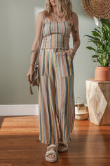 Multicolour Vertical Striped Smocked Cami Top Wide Leg Pants Set Pant Sets JT's Designer Fashion